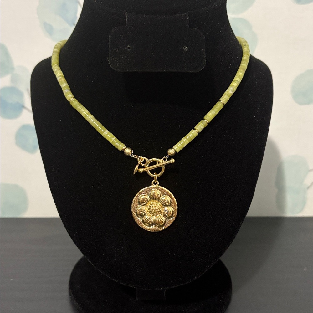 Mayamar 21" Green Jade Beaded Necklace with 24k Gold Plated Flower Pendant